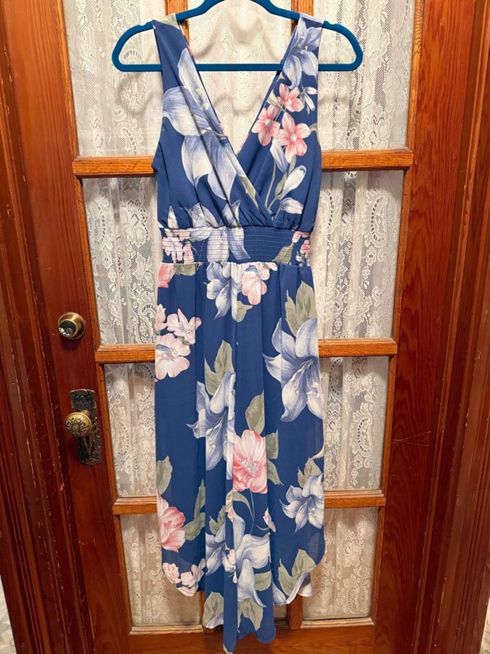 Blue Floral V-Neck Sleeveless Jumpsuit with Smocked Waist